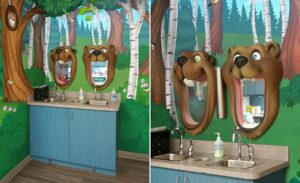 Kids brushing station with custom bear and beaver brushing mirrors
