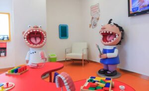 kids play area with interactive sculptures for dental education