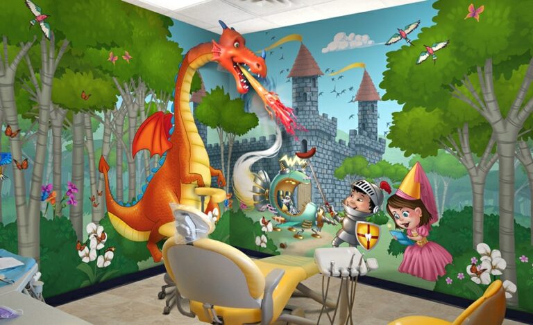 medieval fantasy mural with a pop out sculpture of fire breathing dragon in operatory