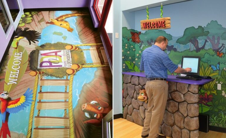 office vestibule and reception desk with custom tropical themed murals and sculpted signage in a doctor's office