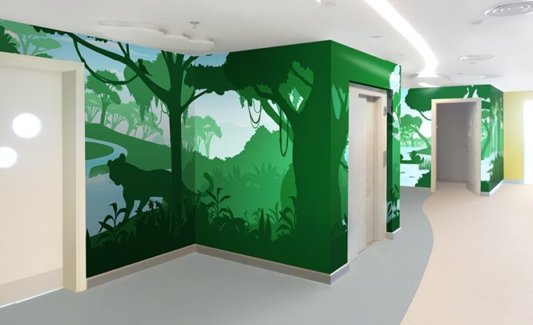 pediatric hospital corridor with jungle silhouette murals