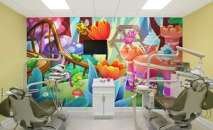 pediatric treatment bay with candy themed murals
