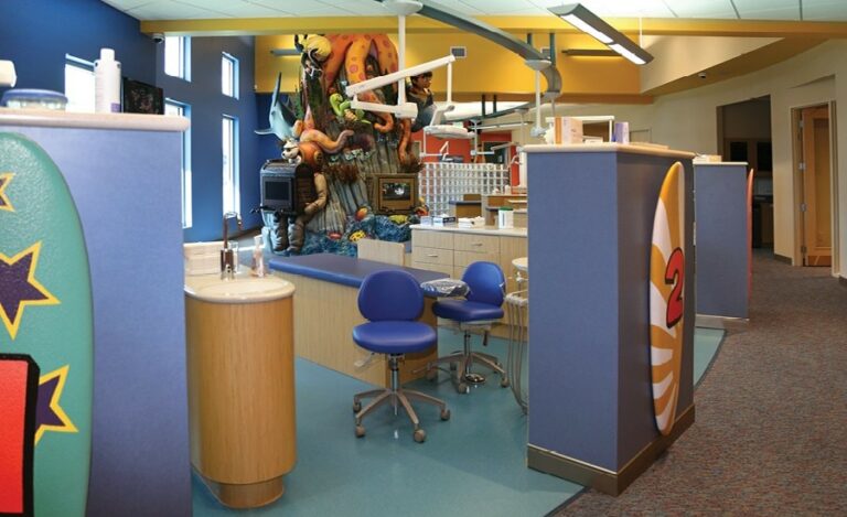 pediatric treatment open bay with numbered surfboard themed signage