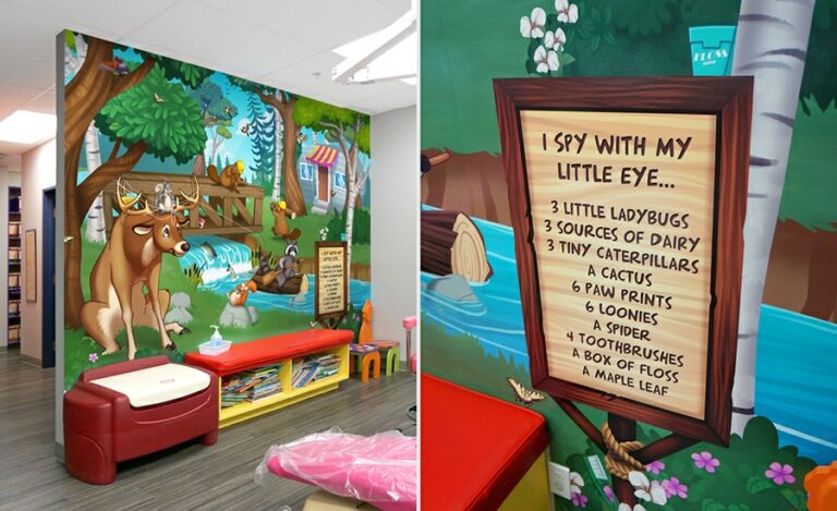 Pediatric waiting room murals with I spy game