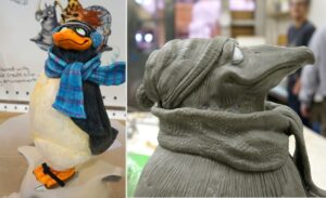 penguin sculpture with scarf for trade show booth