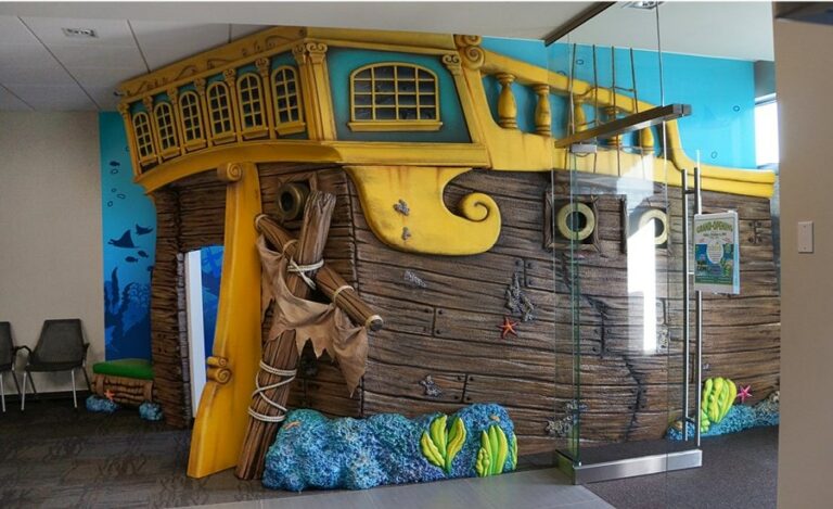 pirate ship themed kids play area in waiting room
