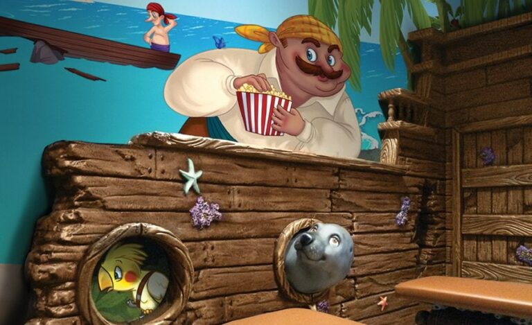 custom pirate ship themed theater area with 2d to 3d murals for kids