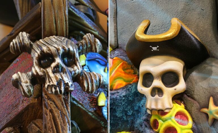 pirate skull details on custom underwater themed sculpted tower in a kid friendly dental practice