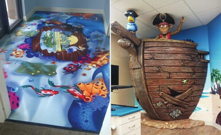 pirate themed treatment room with ship sculpture and murals for kids