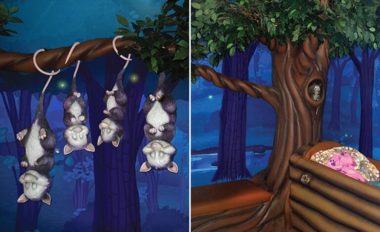sculpted possum characters and custom forest themed murals in a pediatric recovery room