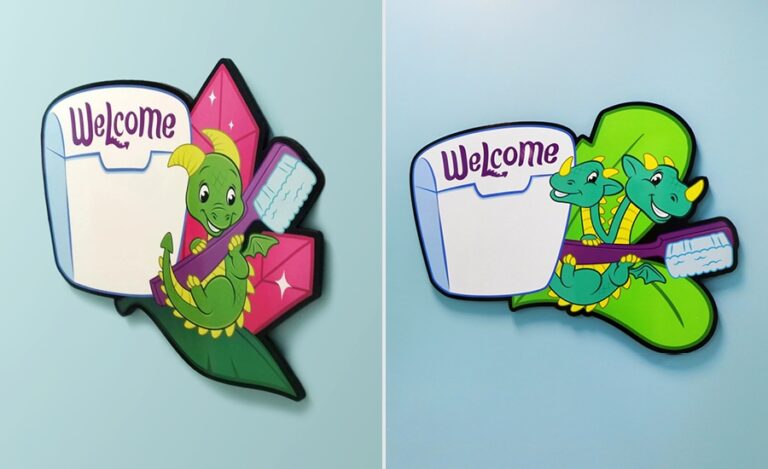 profile shots of custom whiteboard signs with dragon characters