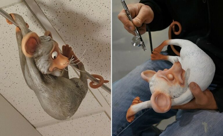 scared mouse character hanging from zipline in a pediatric dental practice