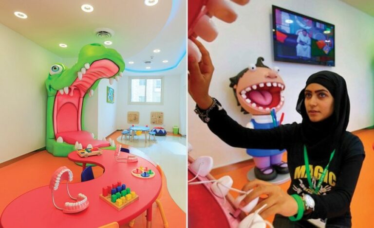 sculpted alligator and kids characters to teach brushing habits in a pediatric office