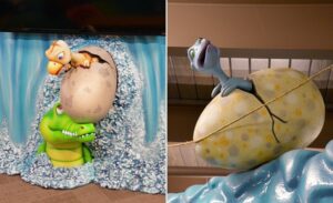 sculpted baby dinosaurs hatching out of eggs in a pediatric practice