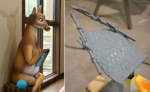 sculpted knitting deer with an in progress shot of sewing needles for a kid friendly office