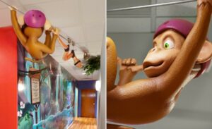 sculpted monkey ziplining above hallway in a pediatric office