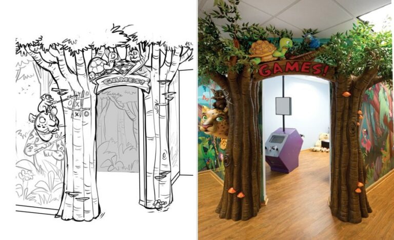 sculpted tree entrance with animal characters to kids games room