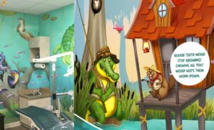 Swamp mural with fun facts for pediatric office
