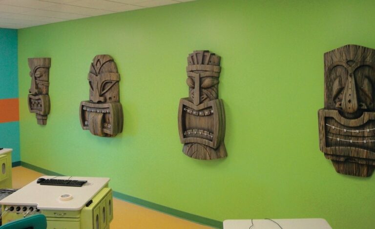 tiki masks with braces as well decoration in orthodontist treatment room