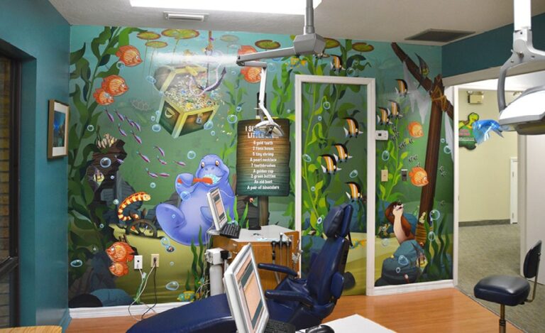 treatment bay with a underwater bayou themed i spy game mural
