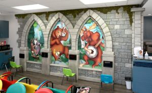 waiting room with forest murals and old castle ruins wall cladding