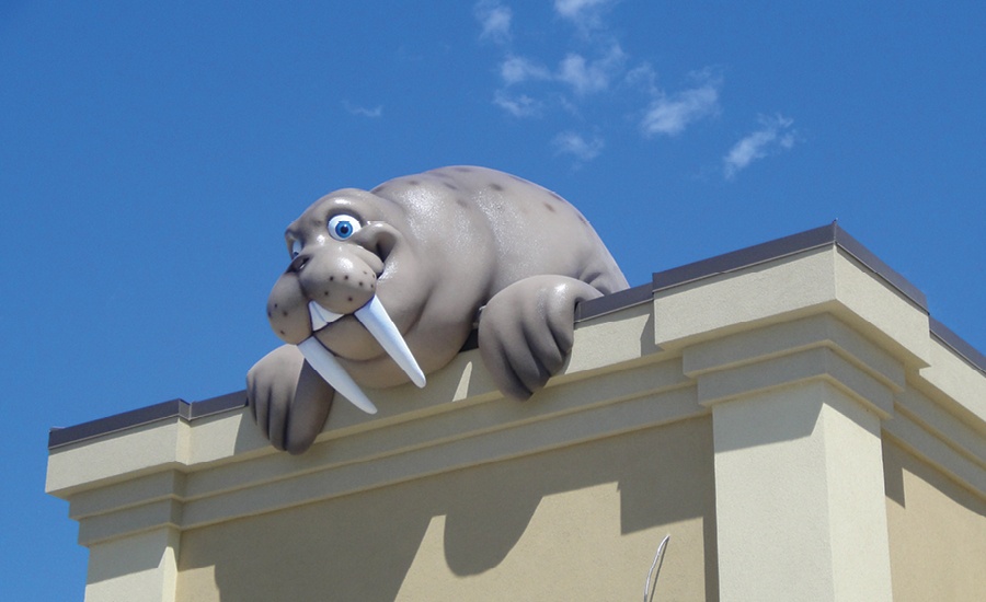 Large, exterior walrus sculpture on the roof top of a pediatric dental office.