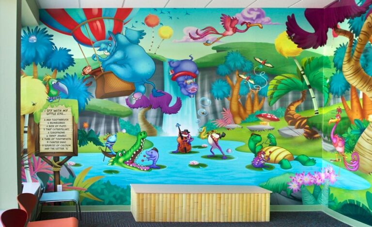 whimsical jungle mural in pediatric waiting room