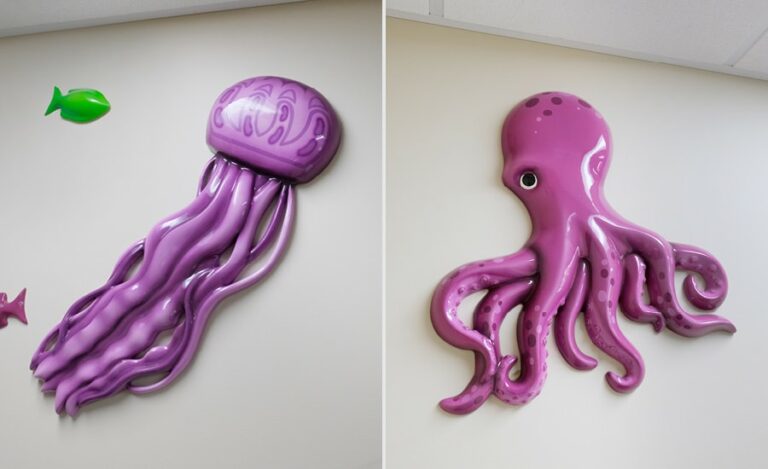 wall mounted 3D sculpted jellyfish and octopus for kids hospital hallway