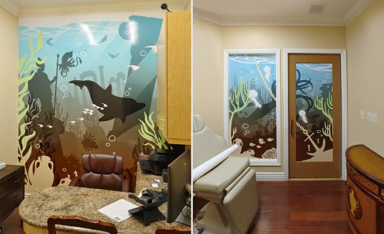 A consultation room and a private dental examination room with Atlantis themed underwater murals on the walls, doors and windows.