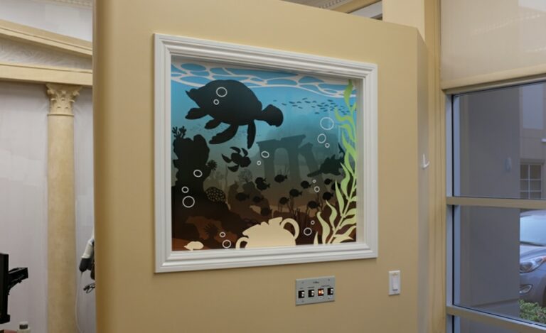 Custom window ocean themed murals with a trutle and coral.
