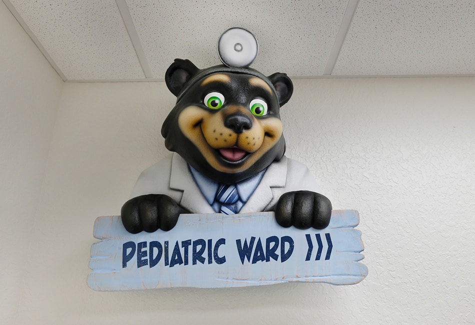 Wayfinding sign of a bear in a doctors uniform holding a wooden plank with directions.