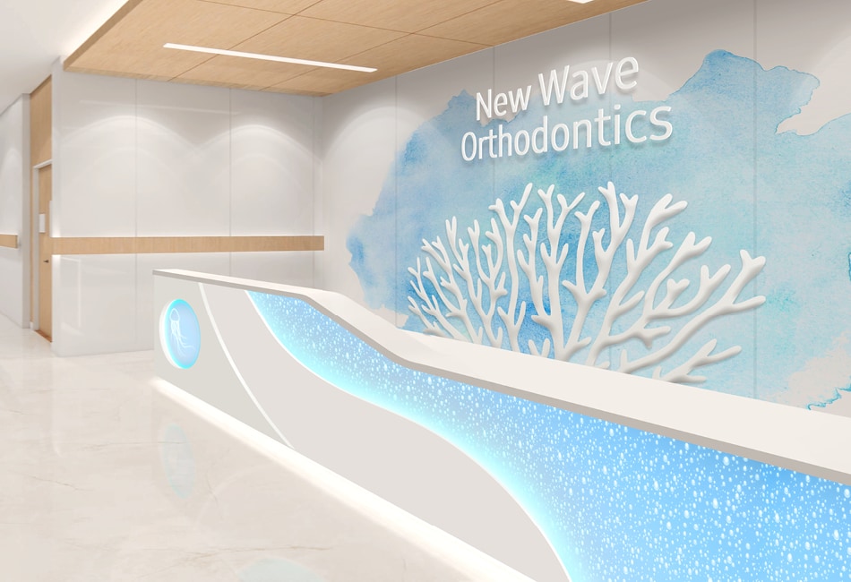 Contemporary underwater themed reception desk with blue feature elements.