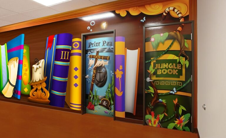 Hallway with giant book case themed mural, with doors fitted to look like classic fairy tale book cover.