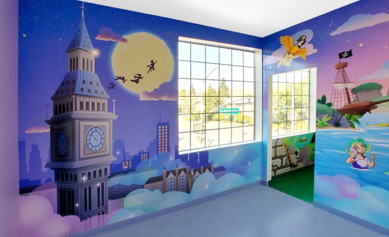 Peter Pan themed murals in dentist treatment room.