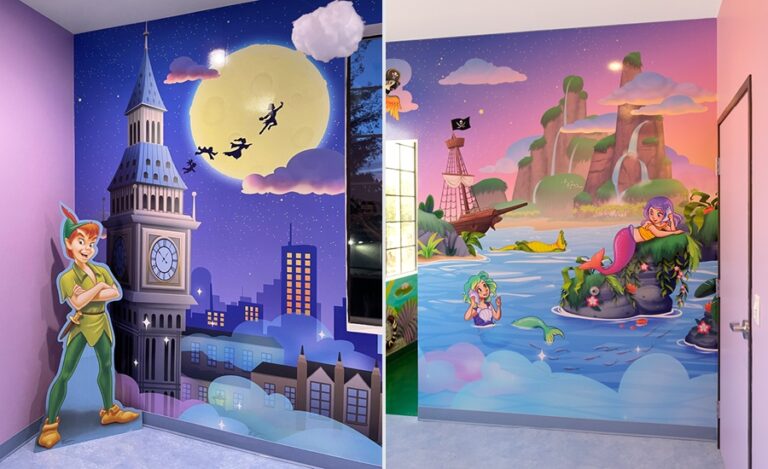 Snapshot of two Peter Pan themed mural walls in a dental treatment room.