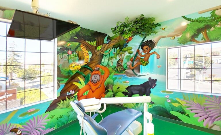 The Jungle Book themed mural in a dentist treatment room.
