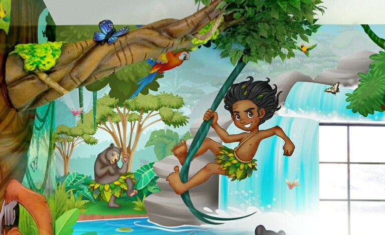 Close up of a Jungle Book themed mural in a dental office.