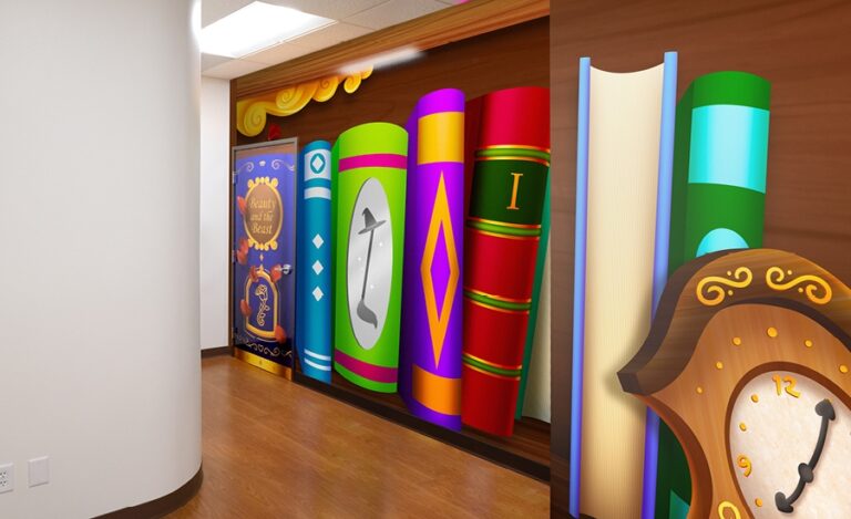 Mural on a hallway wall designed to look like a giant book case.