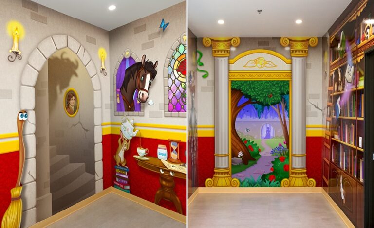 Beauty and the Beast themed office murals in a dental treatment room.