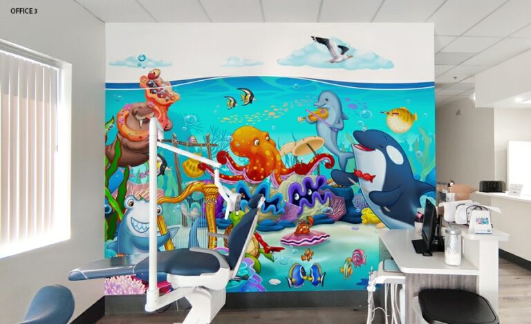 Treatment area with kid friendly underwater themed mural.