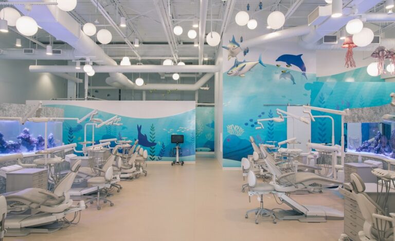 Dental treatment bay themed with silhouette underwater murals and hanging 3D aquatic characters.