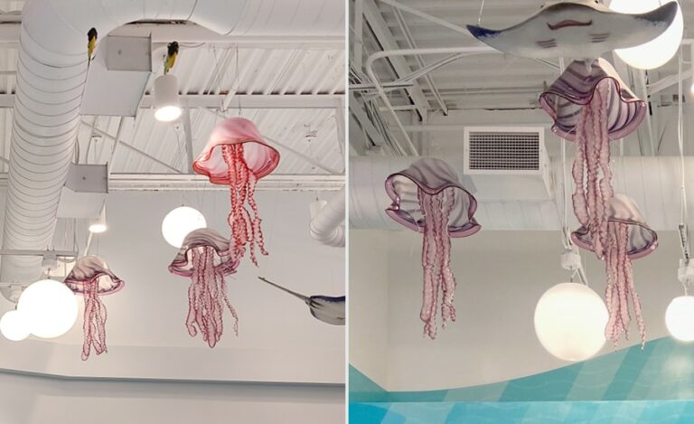 Hanging decorative pink and purple jellyfish.