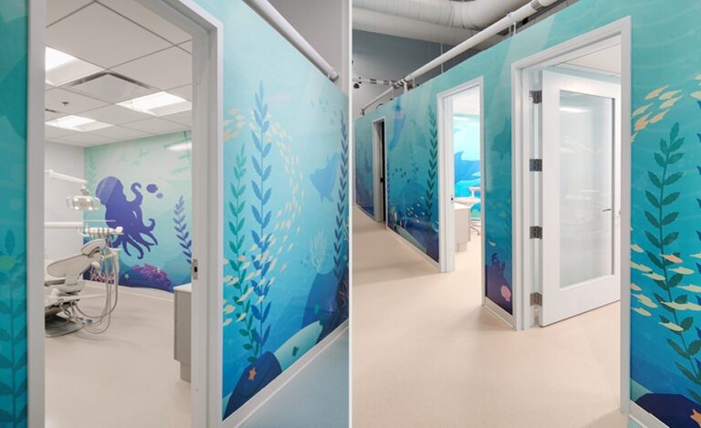 Dental office with contemporary silhouette underwater themed murals.