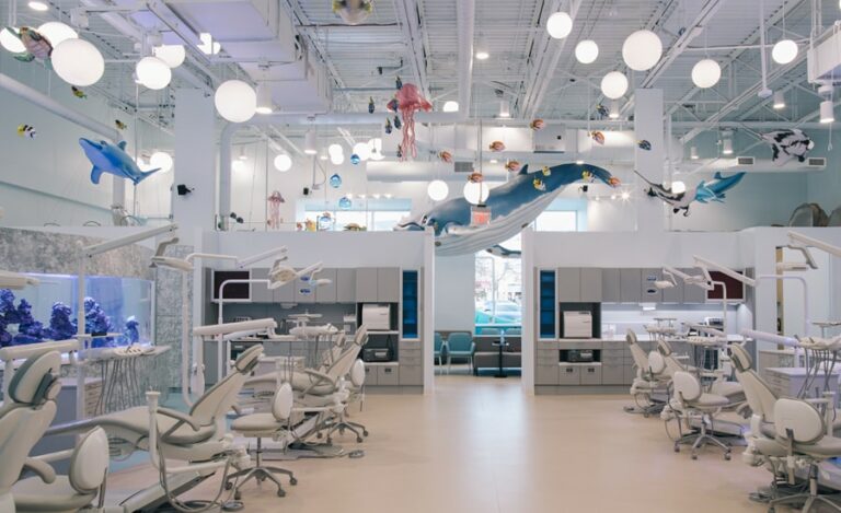Dental treatment bay themed with hanging 3D aquatic characters.