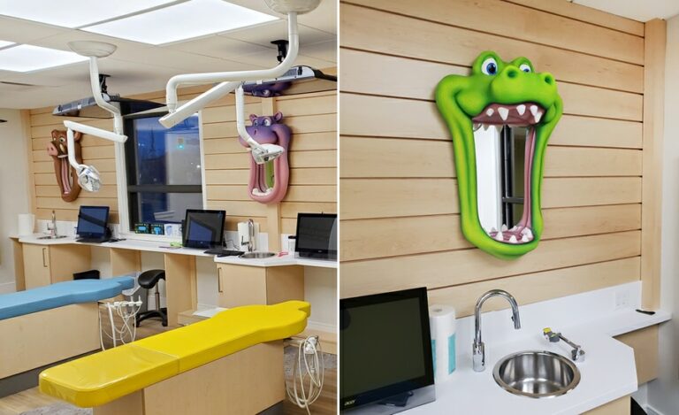 Brushing stations with custom animal themed murals.