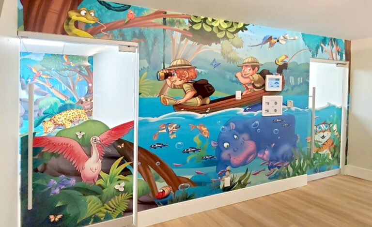 Kid-friendly safari themed wall and door murals.