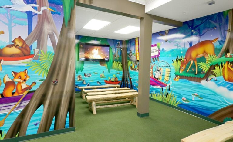 Movie room with bayou themed wall murals.