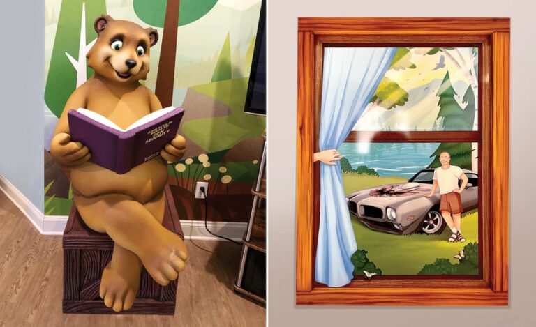 3D photo op bear and a custom window mural.