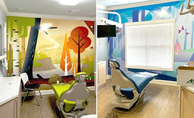 Contemporary woodland themed murals in treatment rooms.