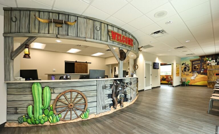 Reception desk in a western themed dental office.